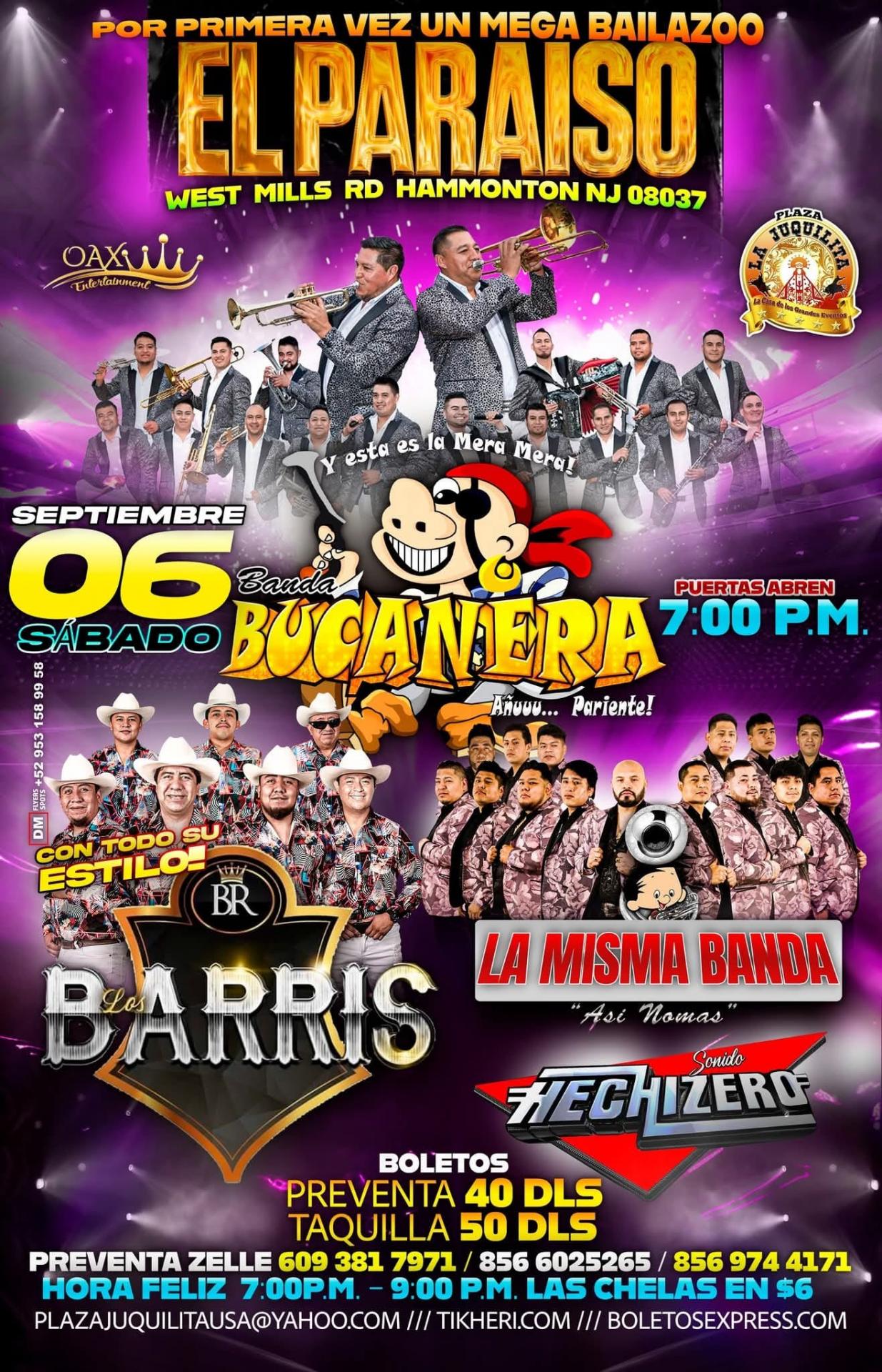 Buy tickets for BANCA BUCANERA | LOS BARRIS | LA MISMA BANDA & HECHIZERO BANCA BUCANERA | LOS BARRIS | LA MISMA BANDA & HECHIZERO