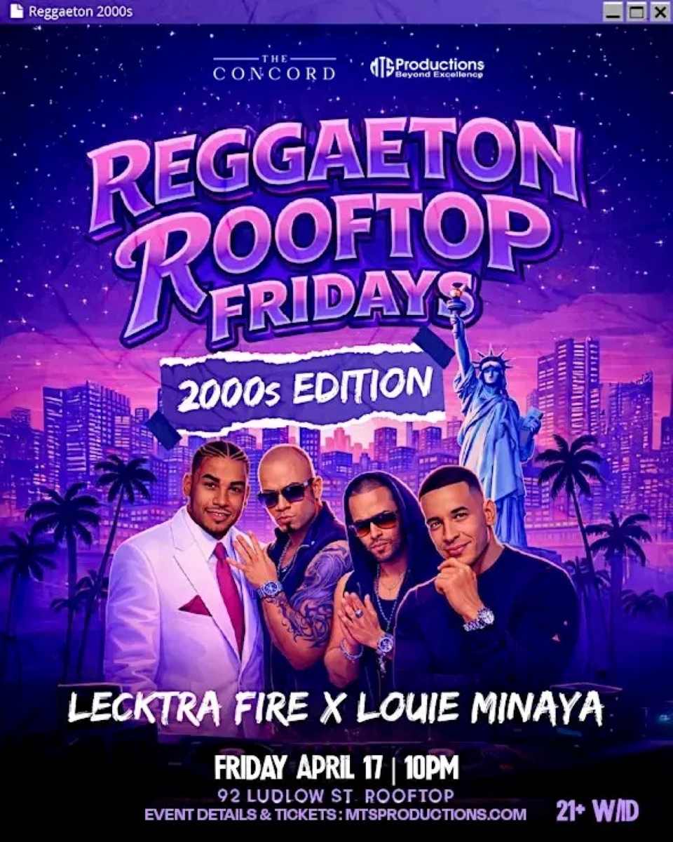 Buy tickets for Reggaeton Rooftop Fridays at Concord NYC | Friday, Apr 17th, 2026 Reggaeton Rooftop Fridays at Concord NYC | Friday, Apr 17th, 2026
