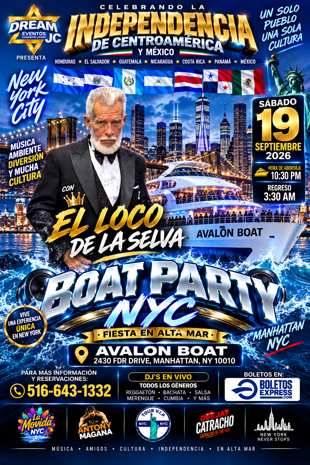 Fiesta en Barco NYC Manhattan con El Loco de la selva / Sab 19 Sept