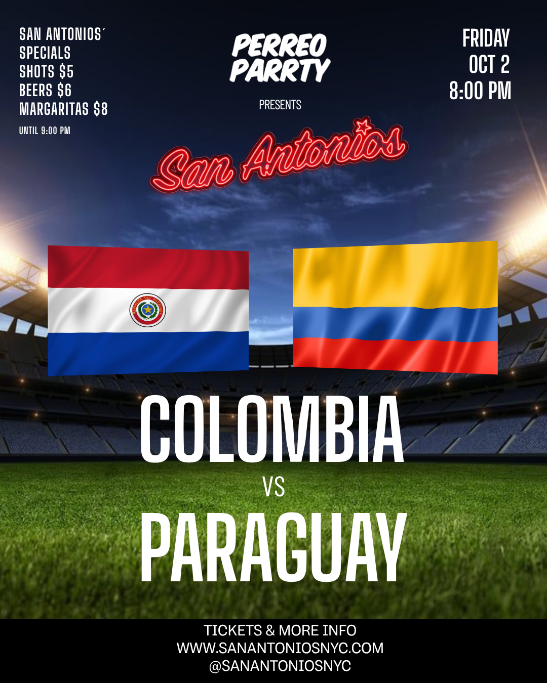 Buy tickets for Colombia vs Paraguay: Soccer Game Watch Party at San Antonios Reggaeton Bar Colombia vs Paraguay: Soccer Game Watch Party at San Antonios Reggaeton Bar